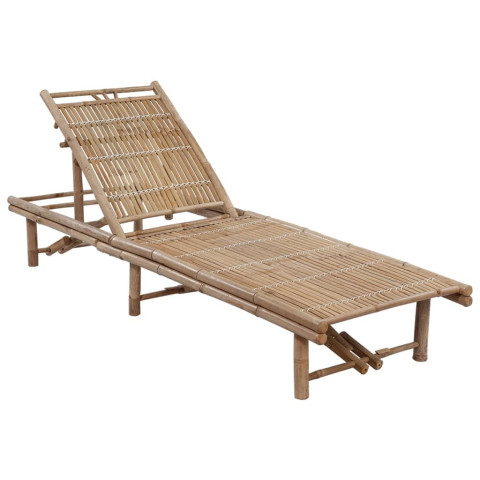 Transat chaise longue bain de soleil lit de jardin terrasse meuble d'extérieur 200 cm avec coussin bambou helloshop26 02_0012298