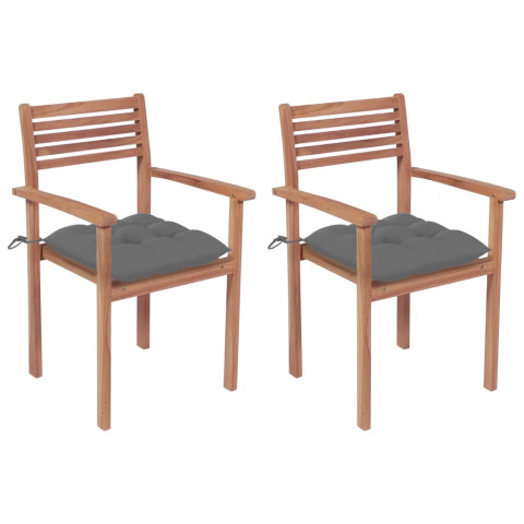 Chaises de jardin 2 pcs avec coussins gris bois de teck massif