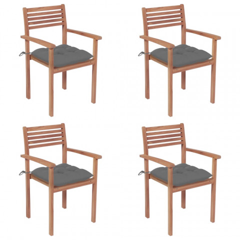 Chaises de jardin 4 pcs avec coussins gris bois de teck solide