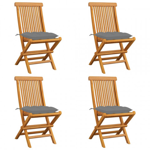 Chaises de jardin avec coussins gris 4 pcs bois de teck massif