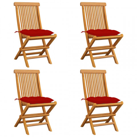 Chaises de jardin avec coussins rouge 4 pcs bois de teck massif