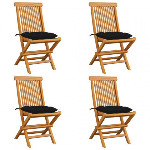 Chaises de jardin avec coussins noir 4 pcs bois de teck massif