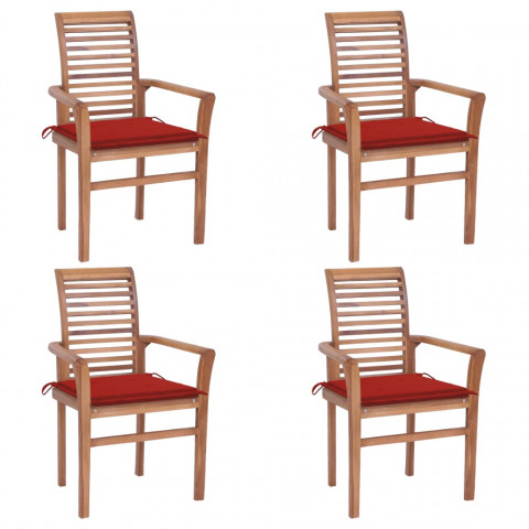 Chaises à dîner 4 pcs avec coussins rouge bois de teck solide