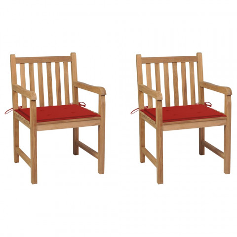 Chaises de jardin 2 pcs avec coussins rouge bois de teck massif