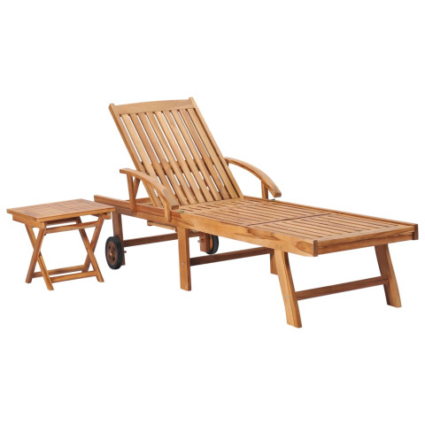 Transat chaise longue bain de soleil lit de jardin terrasse meuble d'extérieur avec table et coussin bois de teck solide helloshop26 02_0012648