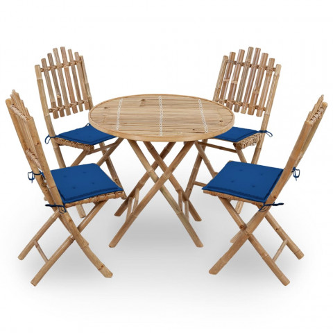 Mobilier à dîner d'extérieur pliable 5 pcs avec coussins bambou