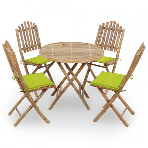 Mobilier à dîner d'extérieur pliable 5 pcs avec coussins bambou