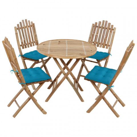 Mobilier à dîner d'extérieur pliable 5 pcs avec coussins bambou