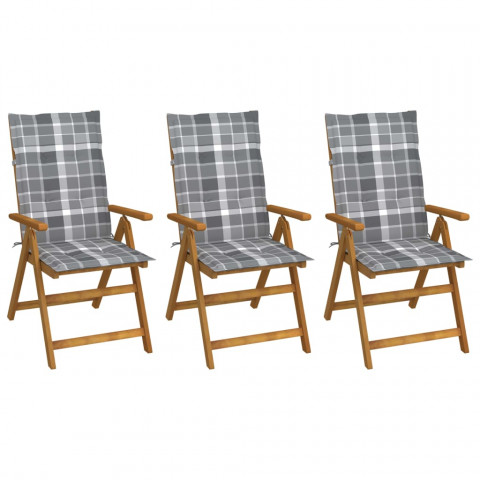Chaises pliables de jardin 3 pcs avec coussins bois d'acacia carreaux gris