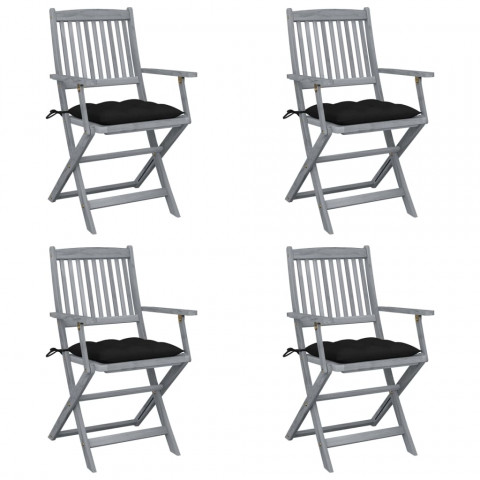 Chaises pliables d'extérieur 4 pcs avec coussins bois d'acacia - Noir