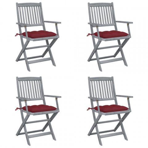 Chaises pliables d'extérieur 4 pcs avec coussins bois d'acacia - Rouge-bordeaux