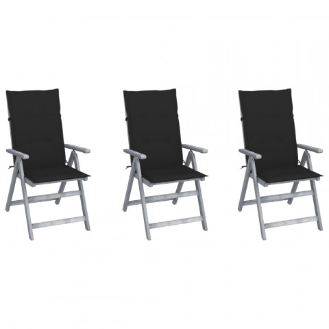 Chaises inclinables de jardin 3 pcs avec coussins bois d'acacia - Noir