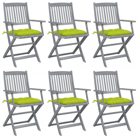 Chaises pliables d'extérieur 6 pcs avec coussins bois d'acacia vert vif