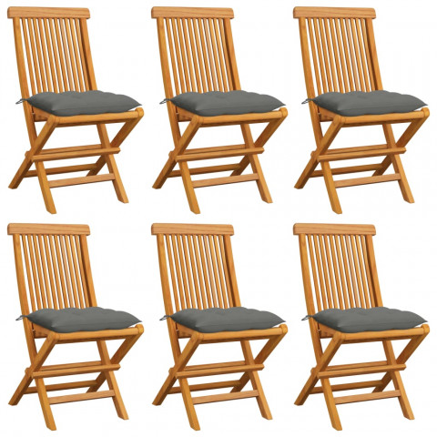 Chaises de jardin avec coussins gris 6 pcs bois de teck massif