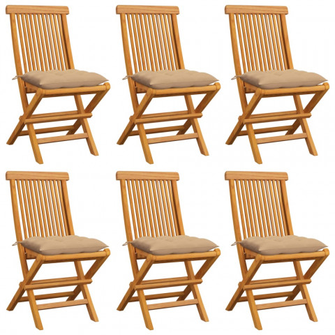 Chaises de jardin avec coussins beige 6 pcs bois de teck massif