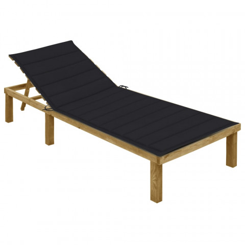 Chaise longue avec coussin noir bois de pin imprégné