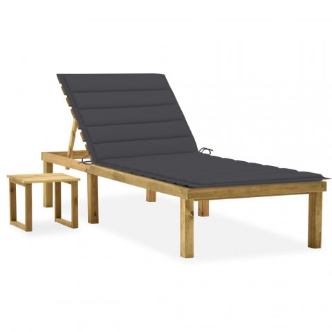 Chaise longue de jardin avec table et coussin pin imprégné