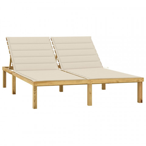 Chaise longue double et coussins crème bois de pin imprégné