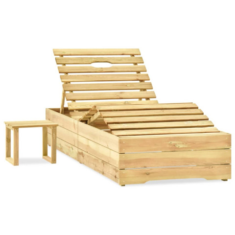 Transat chaise longue bain de soleil lit de jardin terrasse meuble d'extérieur 198 cm avec table et coussin pin imprégné helloshop26 02_0012667