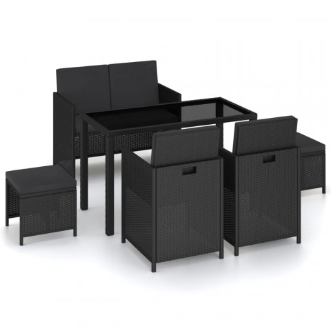 Mobilier à dîner de jardin 6pcs et coussins résine tressée noir