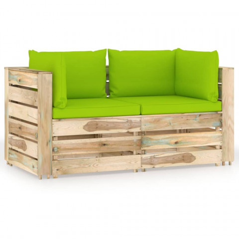 Canapé de jardin 2 places avec coussins bois imprégné de vert - Couleur au choix