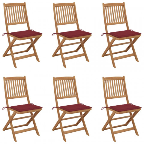 Chaises pliables de jardin 6 pcs avec coussins bois d'acacia rouge bordeaux