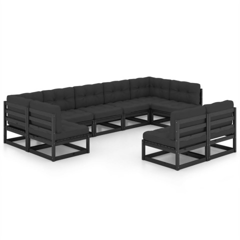 Salon de jardin 9 pcs avec coussins noir bois de pin massif