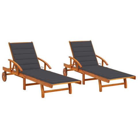 Lot de 2 transats chaise longue bain de soleil lit de jardin terrasse d'extérieur avec coussins bois d'acacia solide - Couleur au choix