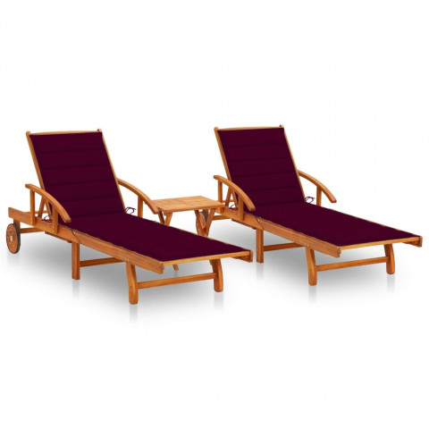 Chaises longues 2 pcs avec table et coussins acacia solide - Couleur au choix