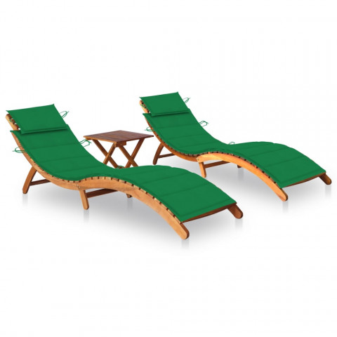 Chaises longues 2 pcs avec table et coussins acacia solide