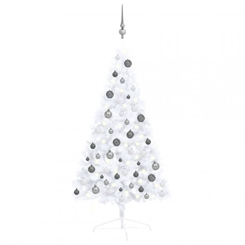  Demi-arbre de Noël artificiel avec LED et boules Blanc 120 cm