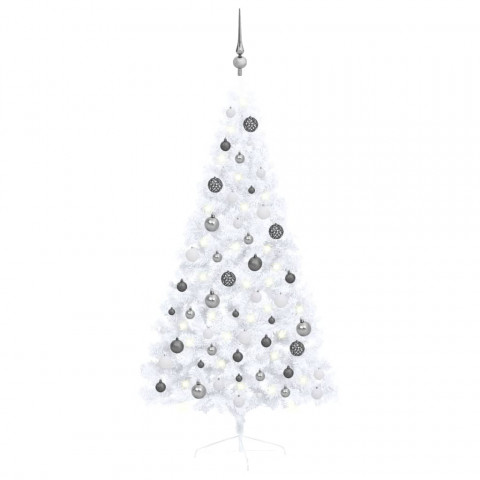  Demi-arbre de Noël artificiel avec LED et boules Blanc 150 cm