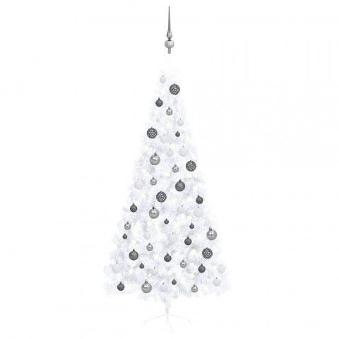  Demi-arbre de Noël artificiel avec LED et boules Blanc 210 cm