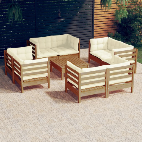 Salon de jardin 9 pcs avec coussins bois de pin - Couleur au choix