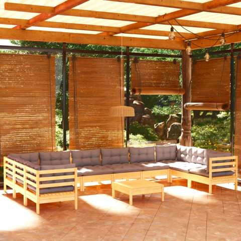 Salon de jardin 11 pcs avec coussins bois de pin - Couleur au choix