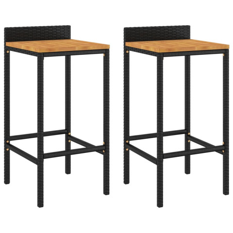 Tabourets de bar 2 pcs noir résine tressée et bois d'acacia