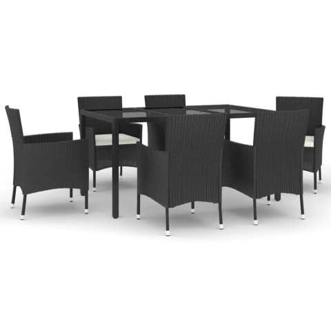 Ensemble à dîner de jardin et coussins 7pcs noir résine tressée