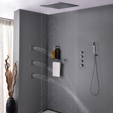 Pack de douche encastré au plafond thermostatique - nickel brossé