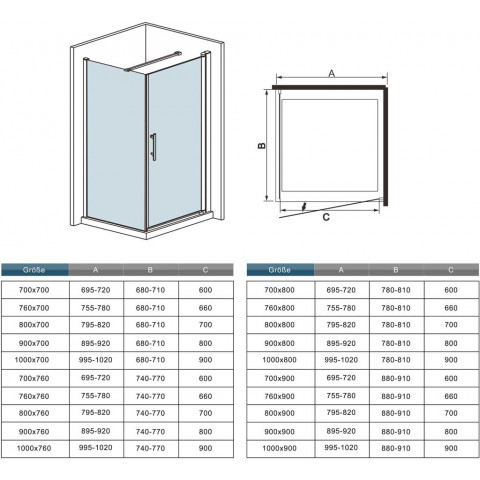 Cabine de douche 90 x 70 x 197 cm porte pivotante avec barre de fixation 140cm verre anticalcaire     