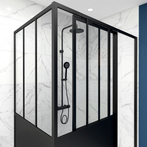 Pack paroi porte de douche coulissante 120x200cm + retour 80cm type atelier - noir mat - verre 5mm