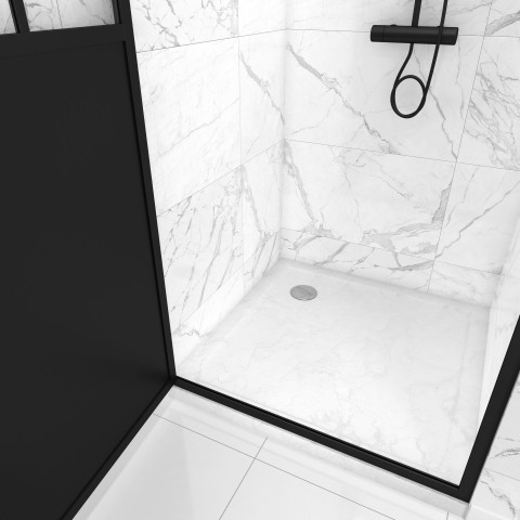 Pack Porte de Douche Atelier Pivotante Noire 80×200 cm et Receveur Blanc Effet Pierre 80x80x4 cm Aurlane - FAC419
