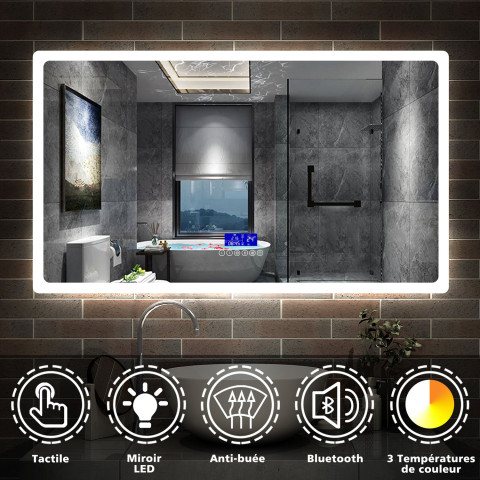 Aica miroir salle de bain anti-buée led de 80 x 60 cm de 3 couleurs avec bluetooth, horloge, date et tompérature