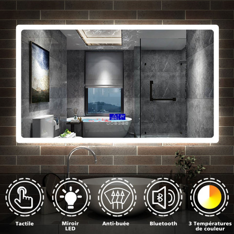 Aica miroir salle de bain anti-buée led de 160 x 80 cm de 3 couleurs avec bluetooth, horloge, date et température