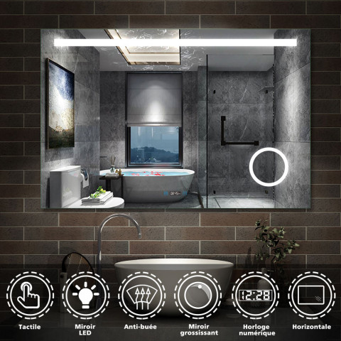 Aica miroir salle de bain anti-buée led de 80 x 60 cm avec horloge, interrupteur tactile et grossisant 3x
