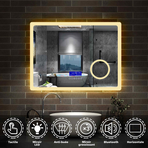 Aica miroir salle de bain 80x60cm 3 couleurs led réglable+antibuée(bluetooth haut-parleur,horloge,date,température)+grossissant