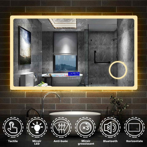 Aica miroir salle de bain 120x70cm 3 couleurs led réglable+antibuée(bluetooth haut-parleur,horloge,date,température)+grossissant