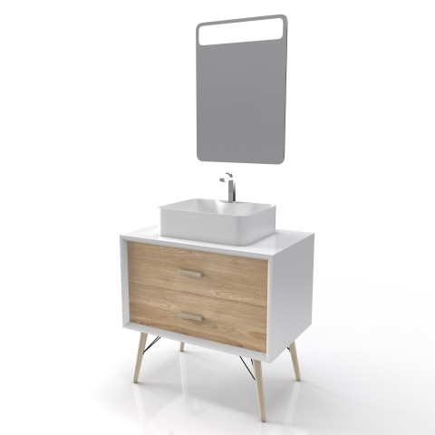Meuble salle de bain scandinave blanc et bois naturel 80 cm sur pieds avec tiroirs, vasque a poser et miroir led - nordik skuff led 80 Aurlane - LAV513