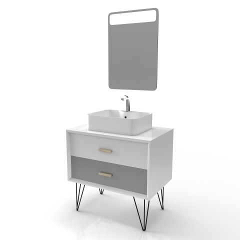 Meuble salle de bain scandinave blanc et gris 80 cm sur pieds avec tiroirs, vasque a poser et miroir led - nordik skuggning led 80