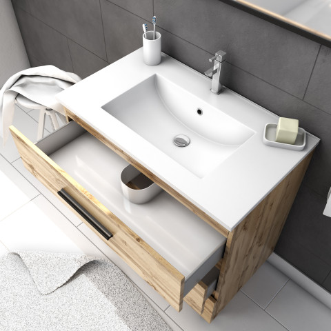 Ensemble meuble de salle de bain - chene industriel - tiroirs -pieds en aluminium noir mat - mirroir