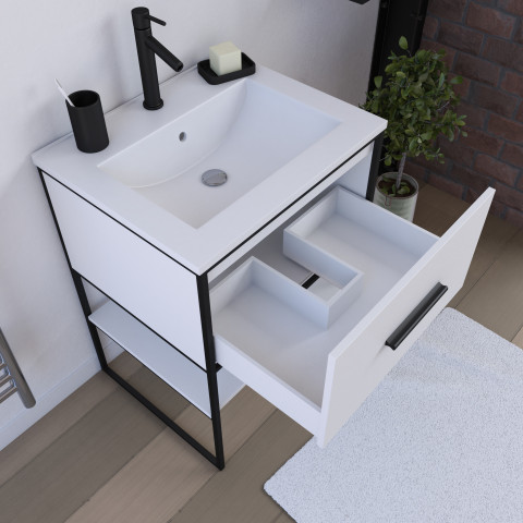 meuble salle de bain 60 cm blanc avec structure acier noir mat think 60 distriartisan